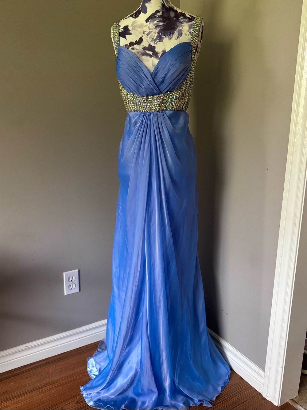La Femme Blue/ Purple Beaded Empire Waist Prom Gown